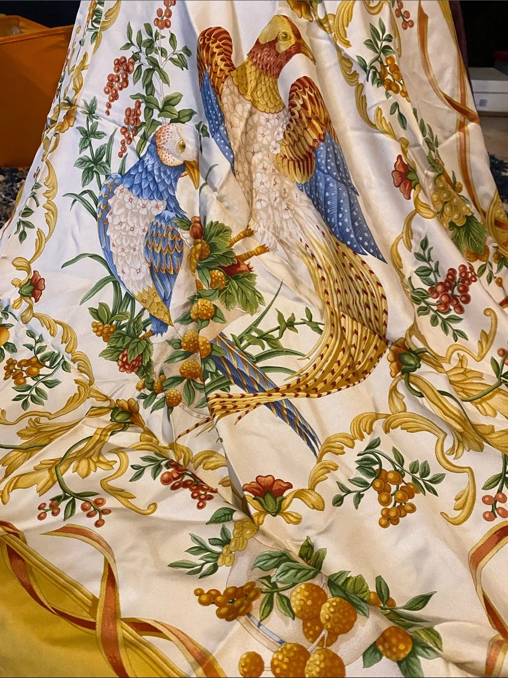 Salvatore Ferragamo White Scarf with Blue, Gold and Green Parrot Motif